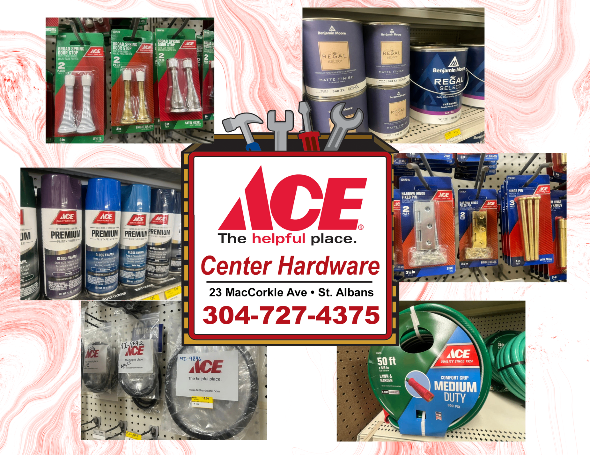 Center Hardware Ace storefront collage — paint, hardware, hoses, and contact details at 23 MacCorkle Ave, St. Albans